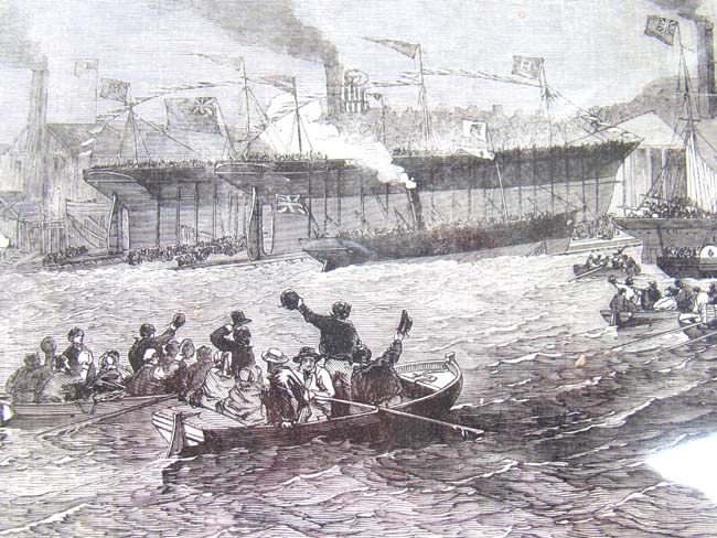 The launching of three Steam Ships at Newcastle-on-Tyne as depicted in the Illustrated London News March 22, 1856